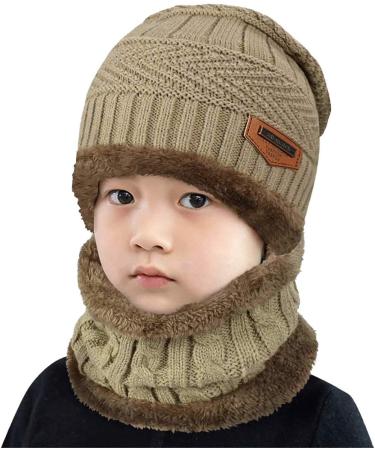 Aisprts Kids Winter Beanie Hat and Scarf Set - Knitted Thermal Fleece Lining - Khaki - Buy Online on GoSupps.com