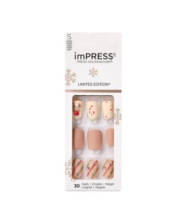 KISS imPRESS Limited Edition Holiday Press-On Manicure with PureFit Technology  Short Square Press-On Nails  Style  Santa Buddies   with Prep Pad  Mini File  Cuticle Stick  & 30 Fake Nails