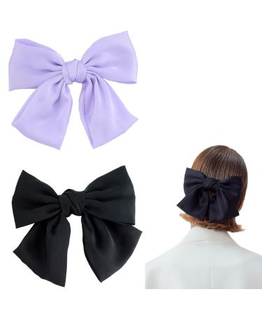 BAIYSFFG 2PCS Bow Hair Clip Hair Bows for Women Big Bowknot Hairpin French Hair Clips with Ribbon Solid Color Hair Barrette Clips Soft Satin Silky Hair Bows for Women Girls (Black White)