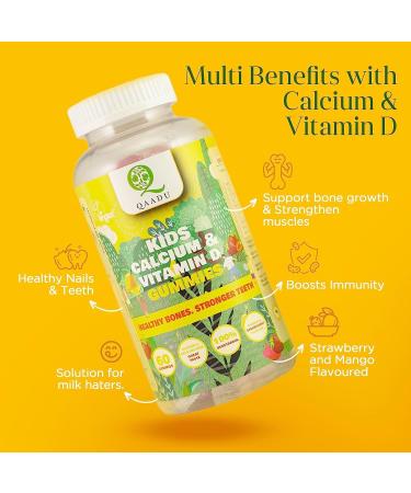 Kids Calcium & Vitamin D Gummy | 60 Gummies | Vegan Mango & Strawberry Flavor | Strong Bones & Teeth | Growth Support - Buy Online on GoSupps.com
