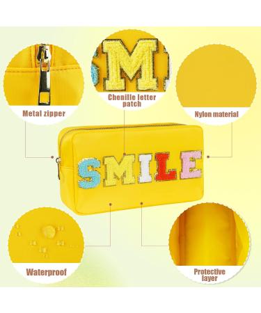 Yellow Nylon Waterproof Preppy Makeup Bag with Chenille Letter Patches - Women's Travel Organizer for Toiletries and Cosmetics - Buy Online on GoSupps.com