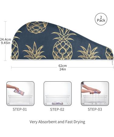 Gold Pineapple Dark Blue Hair Towel 2 Pack | Super Absorbent Quick Dry Hair Turbans for Women & Girls - Buy Online on GoSupps.com