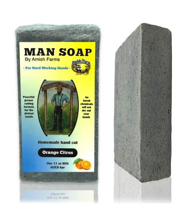 Amish Farms Man Soap for Hands - All Natural Large Bar Soap for Men (Orange Citrus) With Moisturizers & Heavy Duty Grit of Real Mystique Wood Charcoal & River Sand for Degreasing  Made in USA  11 oz
