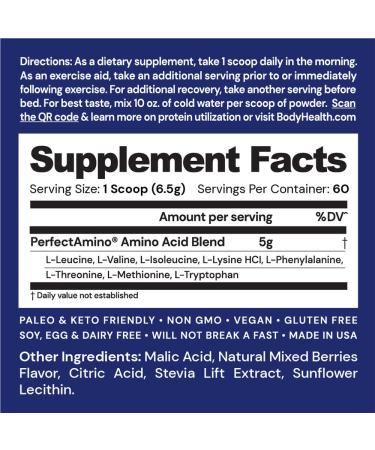 BodyHealth PerfectAmino XP Mixed Berry - Best Pre/Post Workout Recovery Drink with 8 Essential Amino Acids and 50% BCAAs - 100% Organic Energy Supplement - 99% Utilization - 60 Servings - Buy Online on GoSupps.com