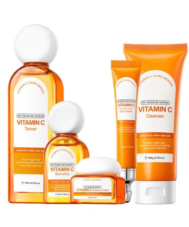 Vitamin C Face Routine Set for Women Anti Aging Skin Care Set Delay Skin Aging Deeply Moisturize Repair Skin Face Care Kit Include Cleanser Toner Face Serum Face Cream Eye Cream