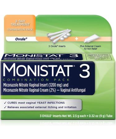 Monistat 3 Vaginal Antifungal 3 Day Treatment Ovule Inserts Dual Action System Combination Pack 0.32 Ounce (Pack of 1)