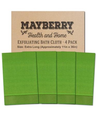 Extra Long (36 Inches) Exfoliating Bath Cloth/Towel (4 Pack) Nylon Bath Cloth/Towel Stitching on All Sides for Added Durability (Green)