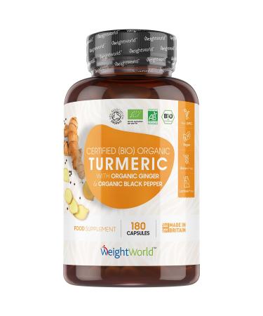 Organic Turmeric and Black Pepper Capsules High Strength 1520mg with Ginger- 180 Curcuma Capsules (3 Months Supply)- Soil Association Certified - Organic Turmeric Capsules Supplement -Vegan & Non GMO