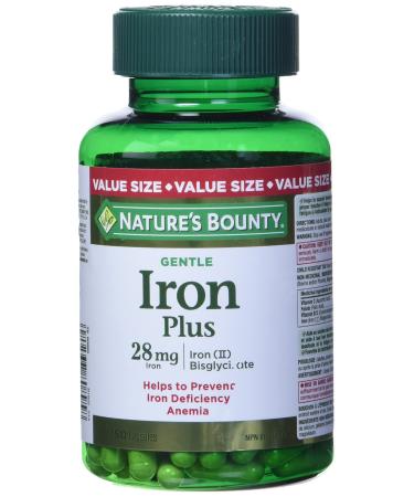 Nature's Bounty Gentle Iron Plus Pills Supplement Helps Prevent Iron Deficiency Anemia 28 mg 150 Capsules