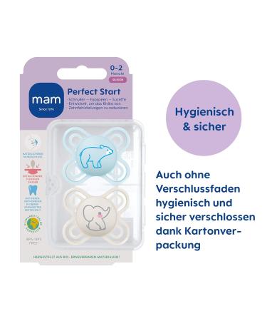 Shop MAM Perfect Start Baby Pacifiers 0-2 Months - Eco-Friendly Silicone Set with Box | Tooth-Friendly Newborn Soothers (Bear & Elephant) - Buy Online on GoSupps.com