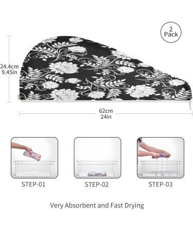 Black and White Flowers Dry Hair Cap | 2 Piece Quick Drying Towel Set with Button Headband | Super Absorbent & Soft Comfort - Buy Online on GoSupps.com
