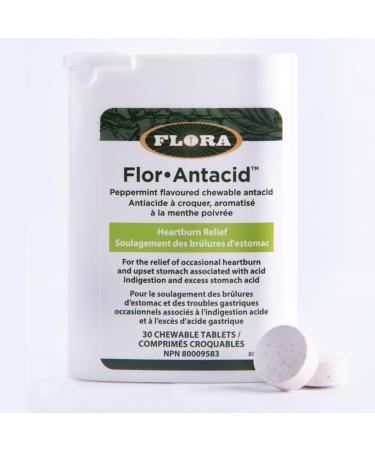 Flora Health Flor-Antacid - For the Relief of Occasional Heartburn and Upset Stomach Associated with Acid Indigestion and Excess Stomach Acid - Real Peppermint Oil Flavoured - 2 x 30 Chewable Tablets
