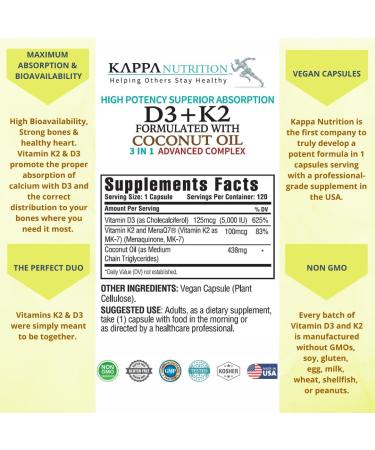KAPPA NUTRITION Vitamin D3 + K2 with MCT Oil - 5000iu D3 & 100mcg K2 for Bone Health - 120 Vegan Capsules - Buy Online on GoSupps.com
