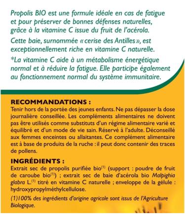 BLANCHE BRESSON - Organic Propolis - Energy & Immunity - Organic Acerola - Natural Vitamin C - Fights Fatigue & Season Change Vitality - 60 Capsules - 30 Day Treatment - Made in France - Buy Online on GoSupps.com