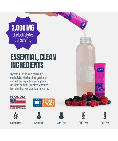 BUBS Naturals - Hydrate or Die Electrolytes Powder Packets for Fast Absorption | Premium 2000mg Electrolyte Powder | for Sports Recovery & Well-Being (Natural Mixed Berry Flavor 20 Sticks) - Buy Online on GoSupps.com