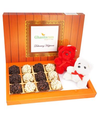Ghasitaram Gifts Valentines Gift for Girlfriend/Boyfriend/Husband and Wife - Valentine Sweets Chocochip Cashew Flowers and 2 Teddies