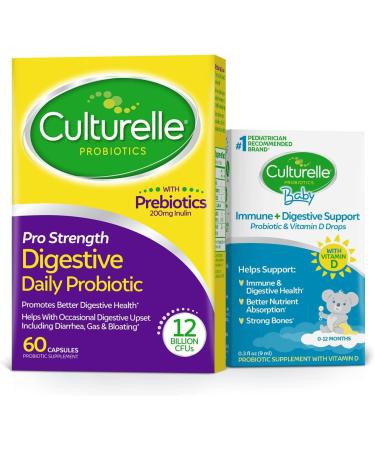 Culturelle Pro Strength Daily Probiotic Capsules Probiotics for Men & Women 60 Count 2 months + Culturelle Baby Immune & Digestive Support Probiotic + Vitamin D Drops 0-12 Months 30 Day Supply 9ml