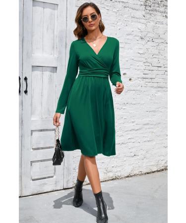 OUGES Women's Spring Casual Midi Dress - Long Sleeve V-Neck Floral Wrap Dress with Pockets (S, Green) - Buy Online on GoSupps.com