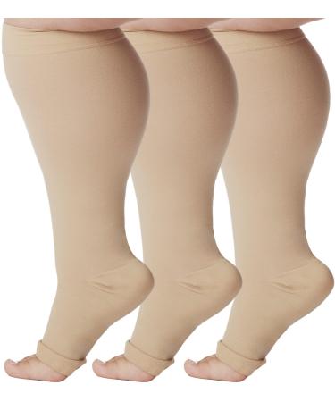 ABSOLUTE SUPPORT (3 Pairs) Toeless Graduated Support Opaque Compression Knee High Socks for Women and Men 20-30mmHg | For Varicose Veins Pregnancy Edema - Open Toe - Beige X-Large - A511BE4-3 X-Large Beige