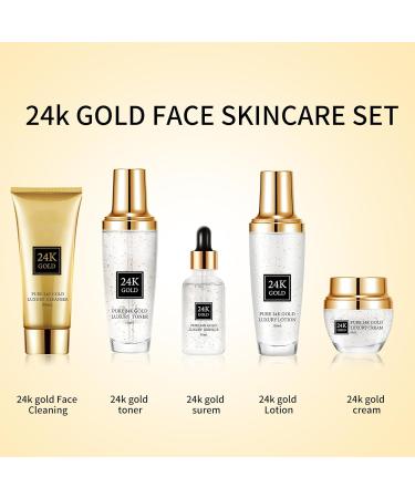 24K Gold Skincare Set 5 Piece Moisturizing Face Skin Care Kit with Facial Cleanser Face Serum Face Cream Face Lotion Face Toner 24K Women Skincare Set For All Skin Types - Buy Online on GoSupps.com