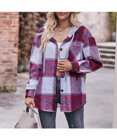 Plaid Hooded Shacket Womens Long Sleeve Plaid Hooded Shirts Flannel Button Down Shacket Drawstring Plaid Jacket Wine#55 Large - Buy Online on GoSupps.com