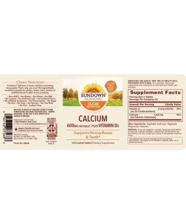 Sundown Calcium & Vitamin D - 600mg Calcium, 250IU Vitamin D3 - Immune Support & Bone Health - 120 Coated Tablets - Gluten & Dairy Free - Buy Online on GoSupps.com