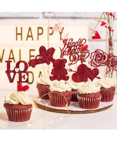 Valentine's Day Cupcake Toppers 12pcs Red Glitter Happy Valentines Day Cake Topper Love Heart Valentine Cupcake Picks for Valentine Theme Party Wedding Engagement Cake Decorations A7AXZTCQ - Buy Online on GoSupps.com