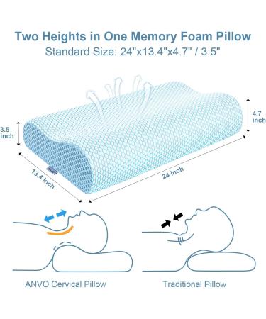 Anvo Memory Foam Pillow Neck Contour Cervical Orthopedic FIRM Pillow for Sleeping Side Back Stomach Sleeper Ergonomic Design for Neck and Shoulder Pain Relief - FIRM - Standard 24 x 13.4 x 4.7 inches - Buy Online on GoSupps.com
