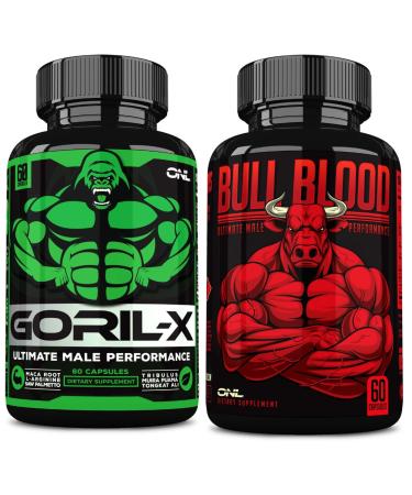 ONL Men's Testosterone Booster Bundle - GORIL-X & Bull Blood | Enhance Strength Stamina & Energy | with Horny Goat Weed Maca Tongkat Ali Tribulus - 120 Capsules