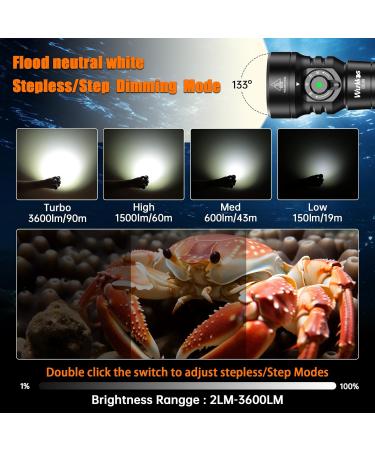 Wurkkos DL08 Dive Light 3600 Lumens Rechargeable Scuba Underwater Lights with Red and UV Light - IP68 Underwater Video with Infinite Brightness Adjustment and 5000mAh Battery for Night Diving - Buy Online on GoSupps.com