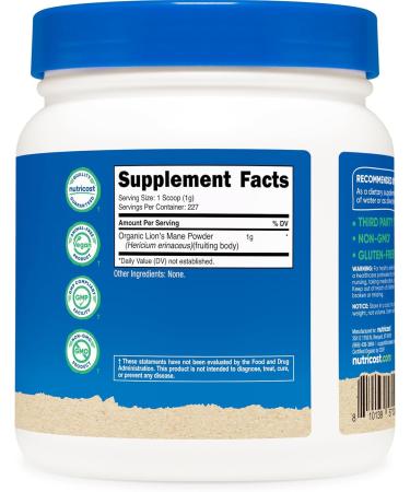 Nutricost Organic Lion's Mane Mushroom Powder (8 oz) - 227 Servings Certified USDA Organic Supplement - Buy Online on GoSupps.com