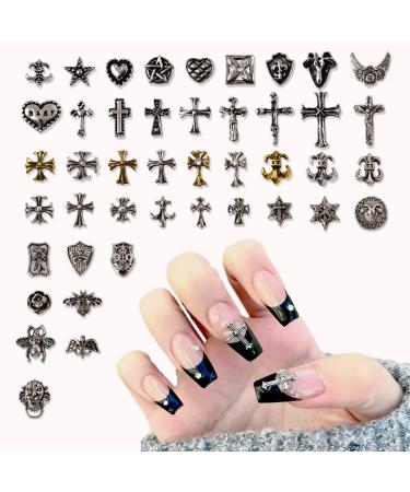 Cross Nail Charms for Acrylic Nails: 62pcs 3D DIY Chrome Plated Metal Silver Nail Charms Medal Animal Bee Hearts Multiple Design Specialized Accessories for Nail Salon Designer Nail Art Decoration