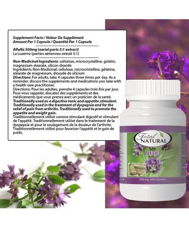 Total Natural Alfalfa Supplement 500mg - 250 Capsules (2 Bottles) | Rich in Vitamins & Trace Minerals | Promotes Energy, Vitality & Digestive Health - Buy Online on GoSupps.com