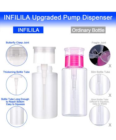 INFILILA Push Down Pump Dispenser Bottles Kit - 4PCS (2x180ml, 2x160ml) with Bonus Labels and Funnels - Ideal for Alcohol, Acetone, Polish, and Makeup Removal - Buy Online on GoSupps.com