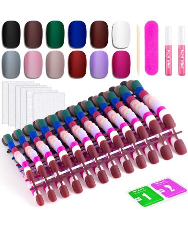 12 Solid Color Matte Short Square False Press On Nails Pack #1, 288PCS Acrylic Squoval Nail Tip Kit with Stickers Tabs, Prep Pads, Nail File and Cuticle Stick 01-12SJZJP Pack 1