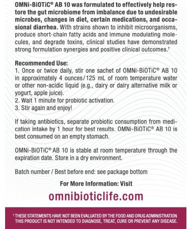 OMNi BiOTiC AB 10 - Clinically Tested Restorative Probiotic - Supports & Restores Gut Flora & Digestion - Digestive Probiotic for Diarrhea - Vegan Hypoallergenic Non-GMO (30 Daily Packets) - Buy Online on GoSupps.com