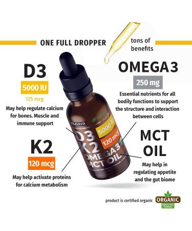 Organic Vitamin D3 K2 Drops with MCT Oil Omega 3 - 5000 IU Maximum Strength Liquid D3 - Non-GMO, No Fillers - Immune Support & Faster Absorption - Unflavored - 4 Pack 4 Fl Oz & 1 Fl Oz - Buy Online on GoSupps.com