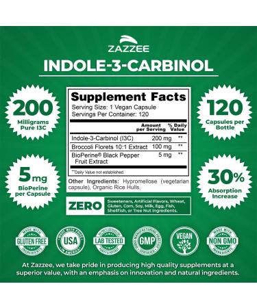 Zazzee High Absorption Indole-3-Carbinol I3C 200 mg per Capsule - 120 Vegan Capsules - 4 Month Supply 5 mg BioPerine for Enhanced Absorption - 100% Vegetarian All-Natural and Non-GMO - Buy Online on GoSupps.com
