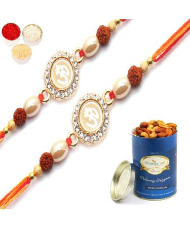 Ghasitaram Gifts Rakhi for Brother Rakhis Online - Set of 2 Om The Mystique of Truth Rakhi with 100 GMS of Dryfruits Mix Can 2 Rakhi with 100 gms of Dryfruits Mix Can