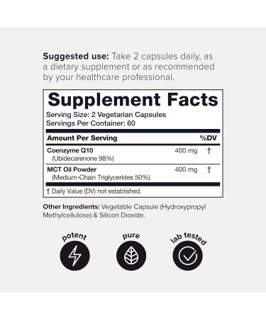 Ultra High Purity CoQ10 400mg - 98% Purified Coenzyme Q10 Supplement with MCT Oil - High Absorption Bioavailable - 120 Veggie Capsules - Third-Party Tested - Buy Online on GoSupps.com