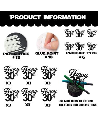 18pcs Black Glitter Happy 30th Dessert Cupcake Pick for Cheer to 30 Years Old Theme Decor Supplies Men Women Happy Birthday Wedding Anniversary Party Decoration - Buy Online on GoSupps.com