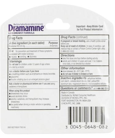 Dramamine Less Drowsy Formula 25mg Tablets - 8 ct | Motion Sickness Relief - Buy Online on GoSupps.com