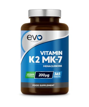 EVO NUTRITION Vitamin K2 MK-7 200mcg | 365 Vegetarian and Vegan Tablets (not Capsules) | 1-A-DAY | Supports Maintenance of Normal Bones | One Years Supply of High Strength Vitamin K2 Menaquinone MK7