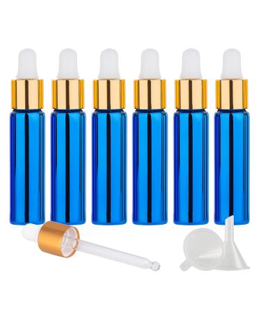 TIANZD 6 pieces 10 ml empty chrome blue dropper bottle pipette bottles with glass pipette 10 ml glass bottle with dropper pipette with gold screw cap for essential oils perfume oils blue 10 ml