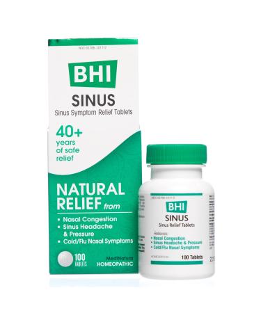 BHI Sinus Natural Congestion Relief 7 Targeted Homeopathic Active Ingredients Help Relieve Nasal Cold Symptoms Pain Pressure & Headache Extra Strength Support for Women & Men - 100 Tablets
