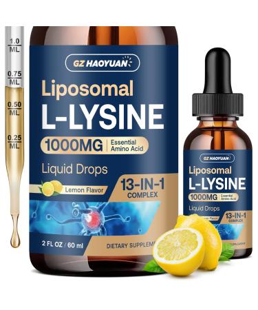 Liposomal L-lysine 1000MG Liquid Drops 13-in-1 Lysine Supplements Monolaurin Olive Leaf Extract with Vitamin C B6 D3 B12 & Zinc for Collagen Lip skin & Immune Support for Kids & Adults 2oz