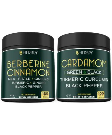 Herbpy Bundle 7in1 Berberine HCl 97% 120 Count & 4in1 Cardamom Capsules 100 Count - Support Immune Digestion Heart Health and Natural Wellness