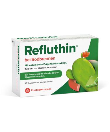 Refluthin at heartburn |48 chewing tablets with fruit taste |Medical product |Reflux - complaints & heartburn |Neutralized excess stomach acid |Vegan & gluten -free |Heartburn tablets fruit 48 pieces (1 Pack)