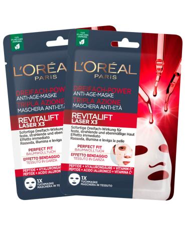 L'Oréal Paris Revitalift Laser X3 Triple Action Anti-Aging Sheet Face Mask Firms Brightens & Smoothes Skin Bandage Effect with Hyaluronic Acid & Peptide - 2 Packs of 1 Application