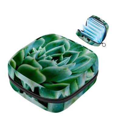 Menstrual Pad Bag with Zipper Ladies Napkin Pouch Tampons Collection Bag for Women and Girls (Green Succulents)